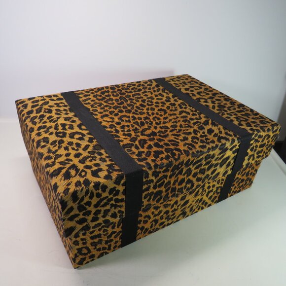 Fabric Covered Leopard Gift Box Storage w Grosgrain Ribbon Largest Thick - Picture 1 of 9